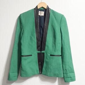 Sea New York Blazer Jacket Sz 4 Green Boucle Textured Leather Trim Green Black